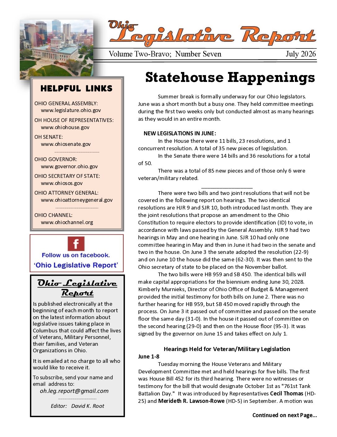 David Root's E-newsletter to cover Veteran and Military Legislation in the Ohio General Assembly_July 2026